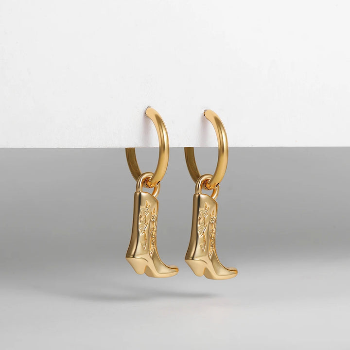 Stainless Steel Cowboy Boot Pendant Shoe Shape Dangle Earrings for Women Gold Plated Geometric Cool Cowgirl Ear Hoops Jewelry 3