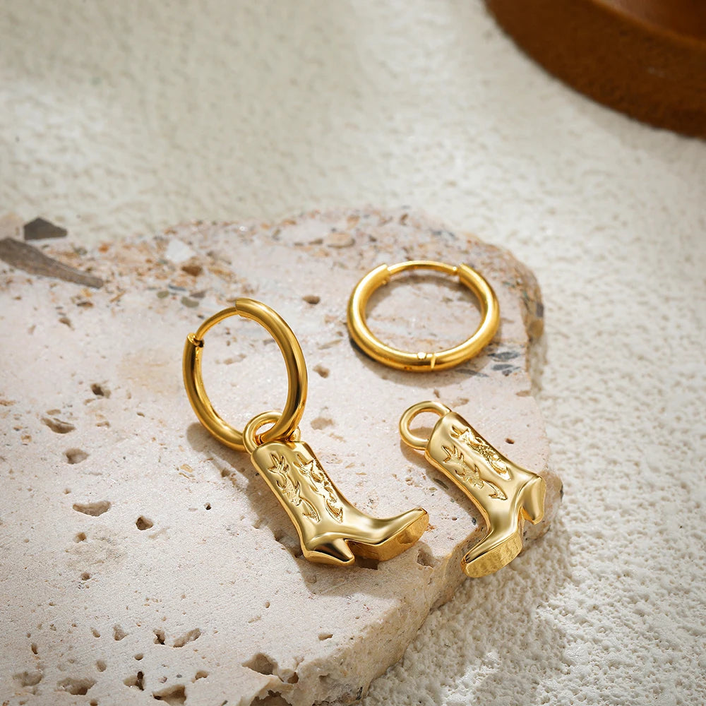 Stainless Steel Cowboy Boot Pendant Shoe Shape Dangle Earrings for Women Gold Plated Geometric Cool Cowgirl Ear Hoops Jewelry 4