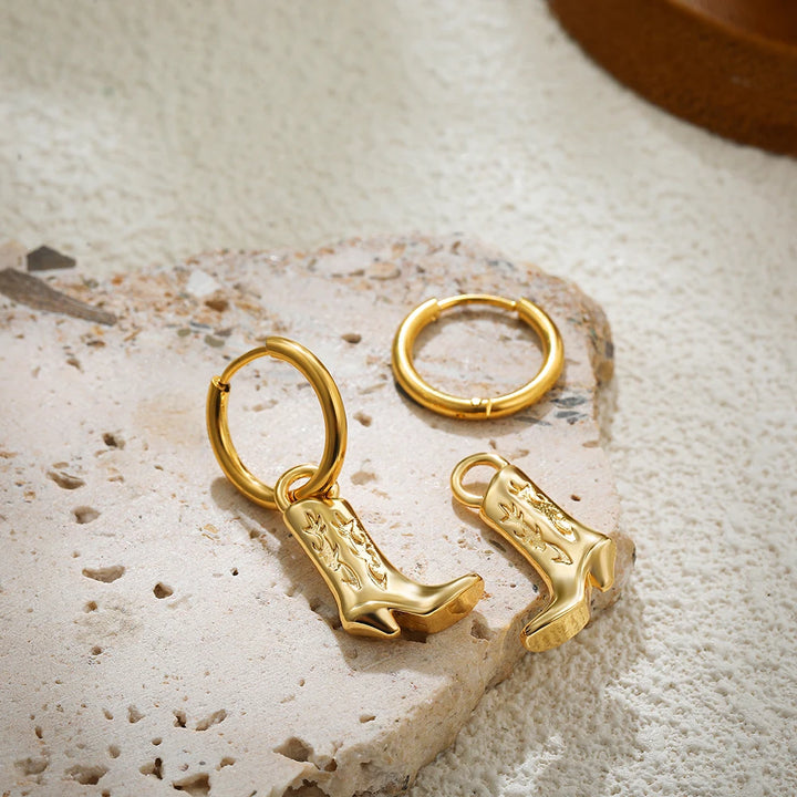 Stainless Steel Cowboy Boot Pendant Shoe Shape Dangle Earrings for Women Gold Plated Geometric Cool Cowgirl Ear Hoops Jewelry 4
