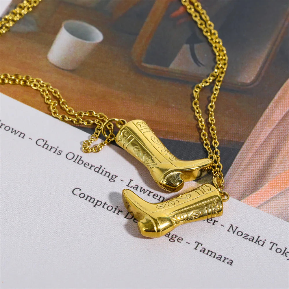 Stainless Steel Golden Color Western Cowboy Boots Pendant Necklace for Women Link Chains Collar Necklaces Cowgirl Gifts 3