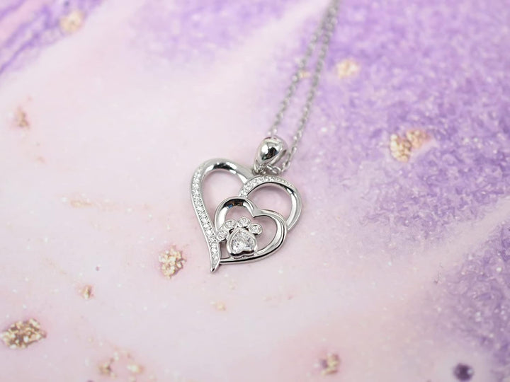 Sterling Silver Paw & Heart Necklace with Zirconia 1