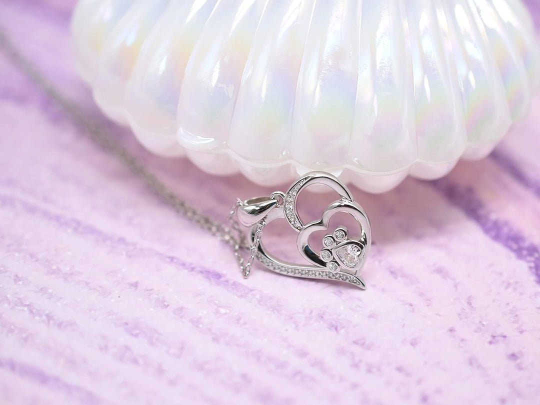 Sterling Silver Paw & Heart Necklace with Zirconia 4