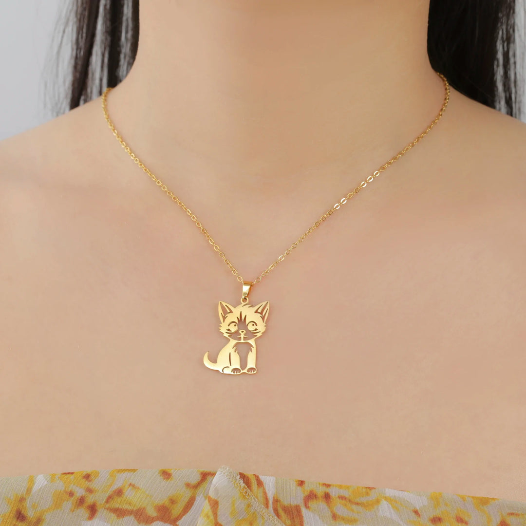 Teamer Cute Cat Kitten Pendent Necklace for Women Girls Stainless Steel Small Animal Pet Necklace Choker Lovely Jewelry Gift 3