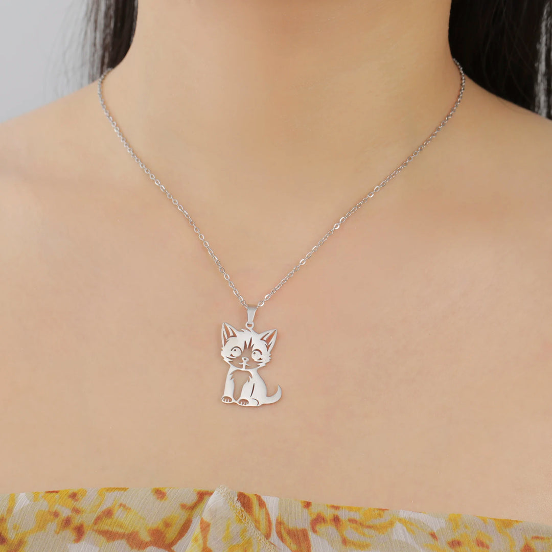 Teamer Cute Cat Kitten Pendent Necklace for Women Girls Stainless Steel Small Animal Pet Necklace Choker Lovely Jewelry Gift 4
