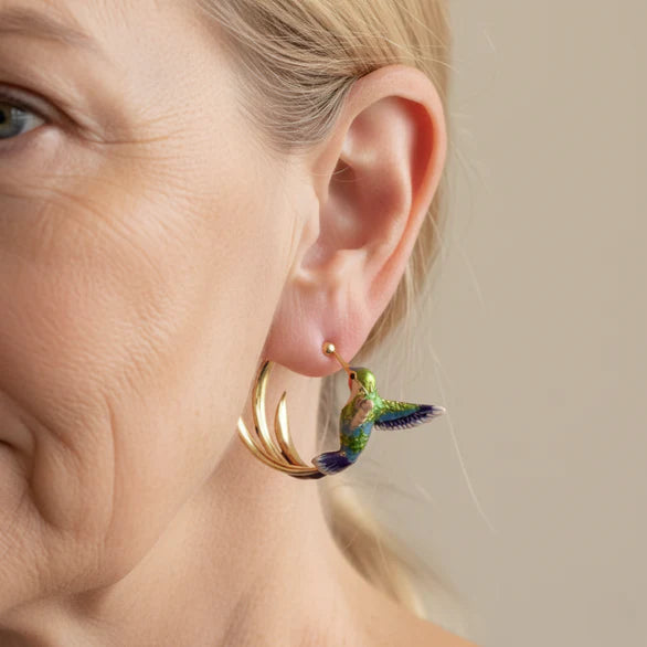 Vintage Hoop Earrings with Enamel Hummingbird 1