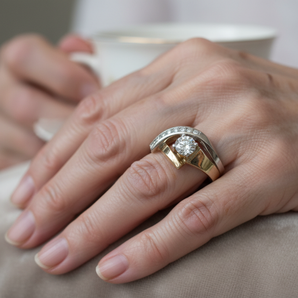 Vintage Irregular Ring in Gold and Silver with Cubic Zirconia 2