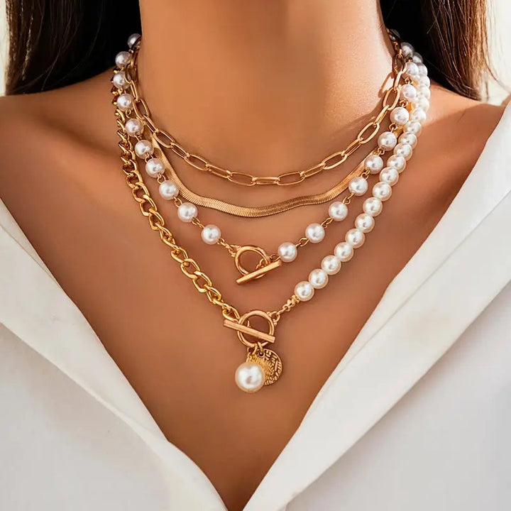 Vintage Pearl & Gold Snake Chain Necklace Set | Gold 0