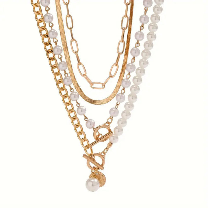 Vintage Pearl & Gold Snake Chain Necklace Set | Gold 1