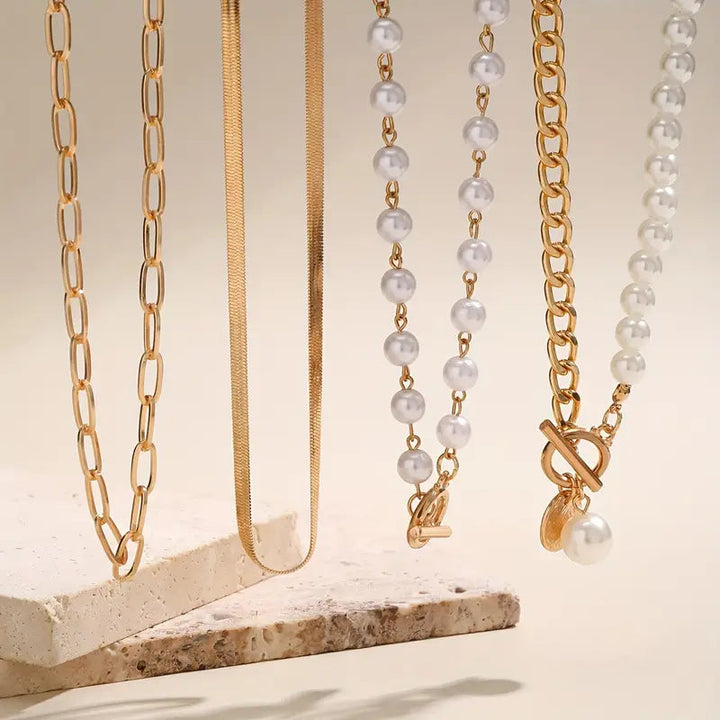 Vintage Pearl & Gold Snake Chain Necklace Set | Gold 2