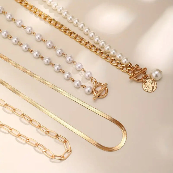 Vintage Pearl & Gold Snake Chain Necklace Set | Gold 3