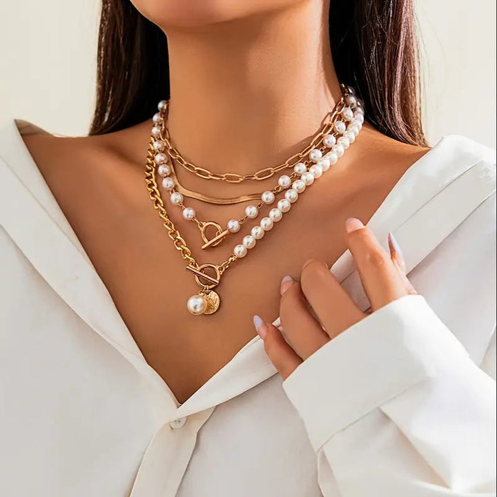 Vintage Pearl & Gold Snake Chain Necklace Set | Gold 5