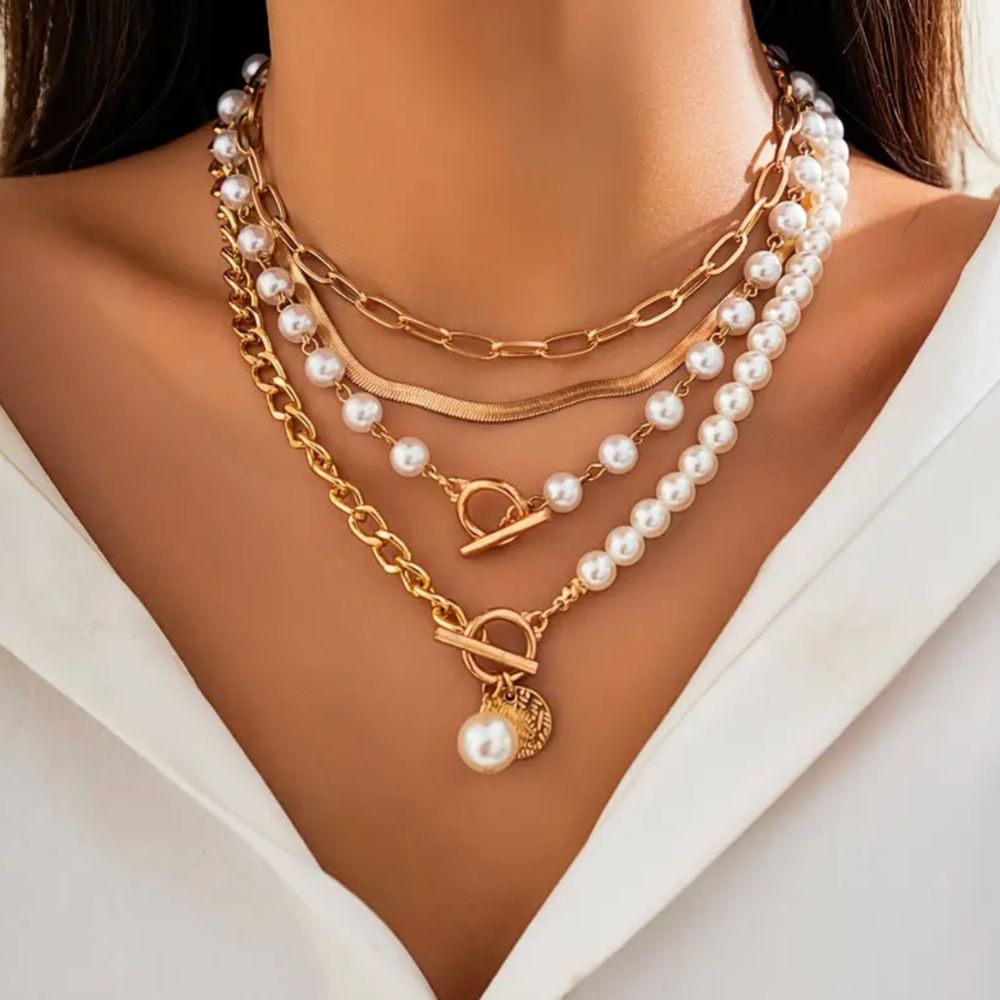 Vintage Pearl & Snake Chain Necklace Set 0