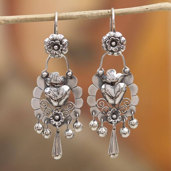 Vintage Silver Floral Chandelier Drop Earrings 0