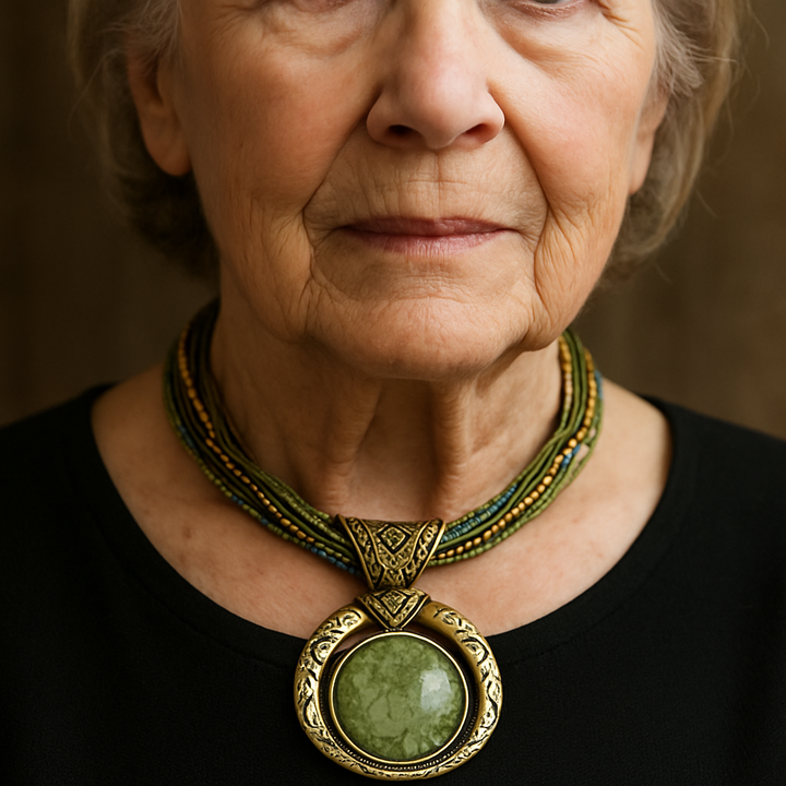 Vintage necklace with ethnic green crystal pendant. 1